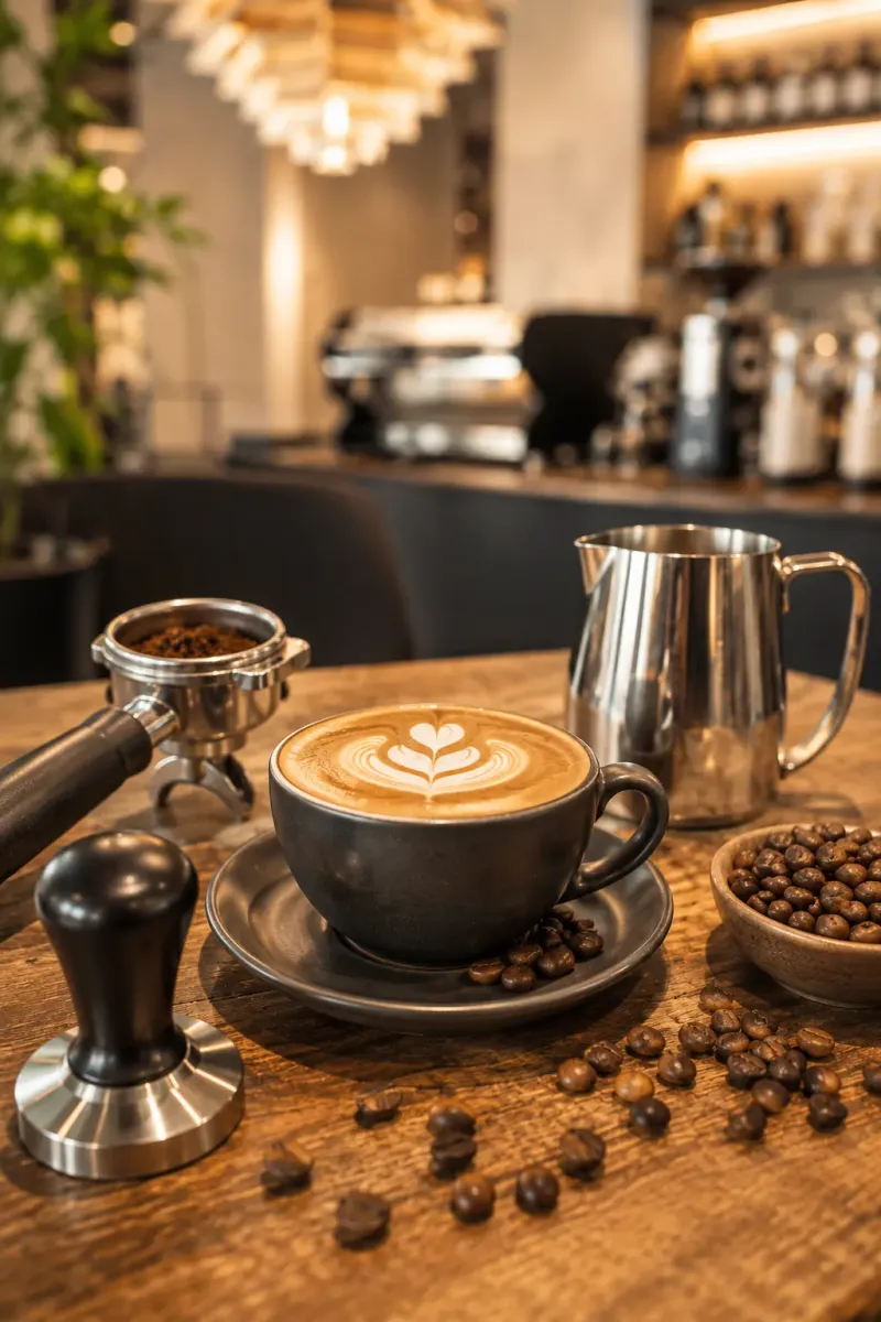 Cappuccino auf Holztresen, im Hintergrund die Theke