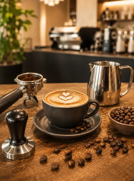 Cappuccino mit Latte Art neben Siebträger und Tamper