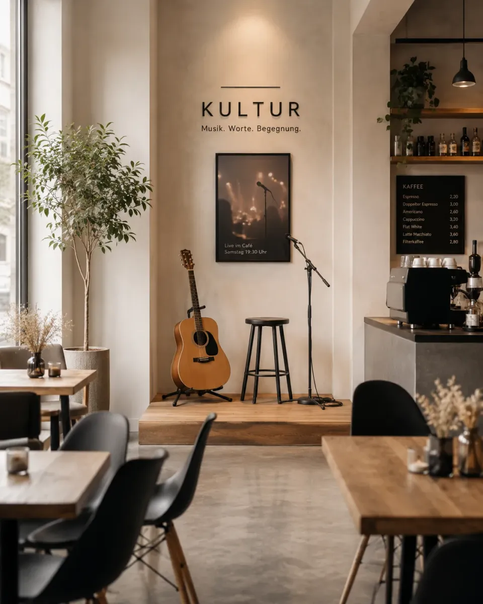 Podest mit Gitarre und Mikrofon zwischen den Räumen