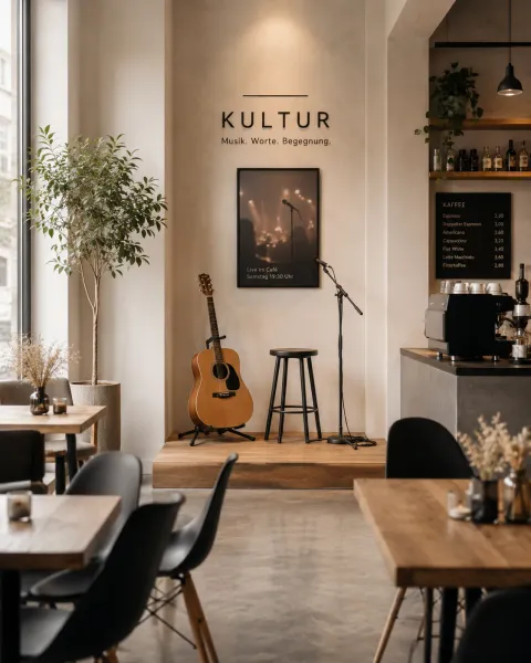 Podest mit Gitarre, Barhocker und Mikrofon im Kaffeehaus K3