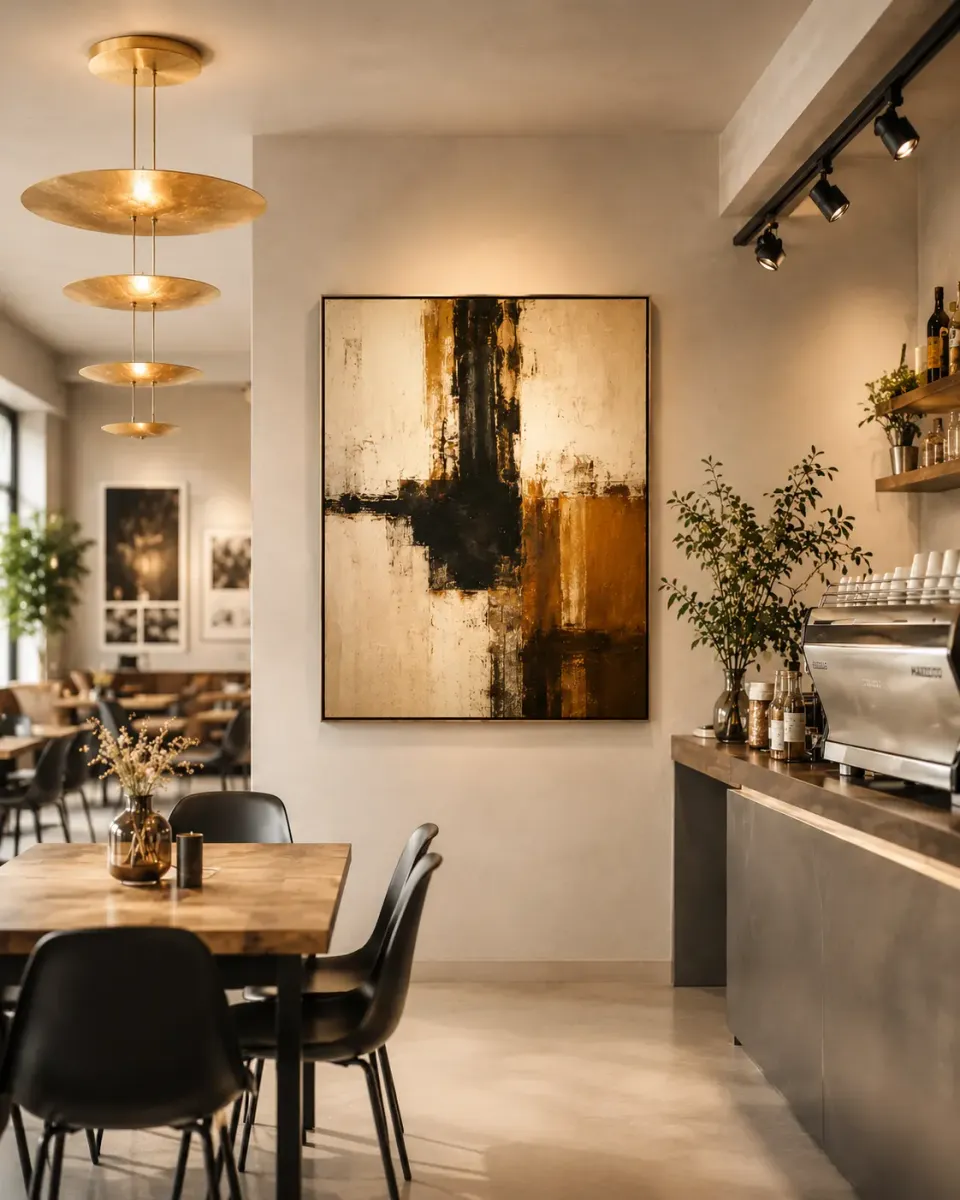 Gemälde an der Wand des Kaffeehaus K3, davor Tische und Theke